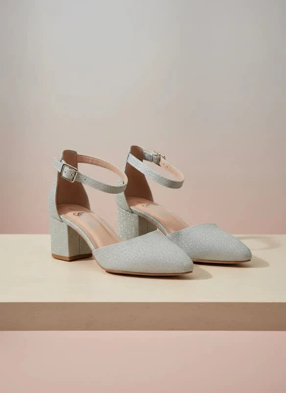 کفش پاشنهدار زنانه مدل Silver Glitter Block Heel