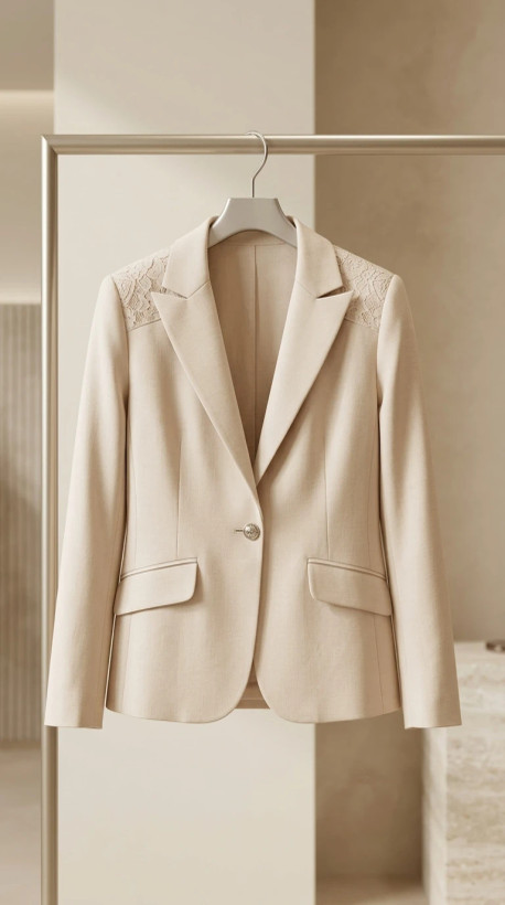 کت زنانه با جزئیات گیپور بژ الگانس - Beige Elegance