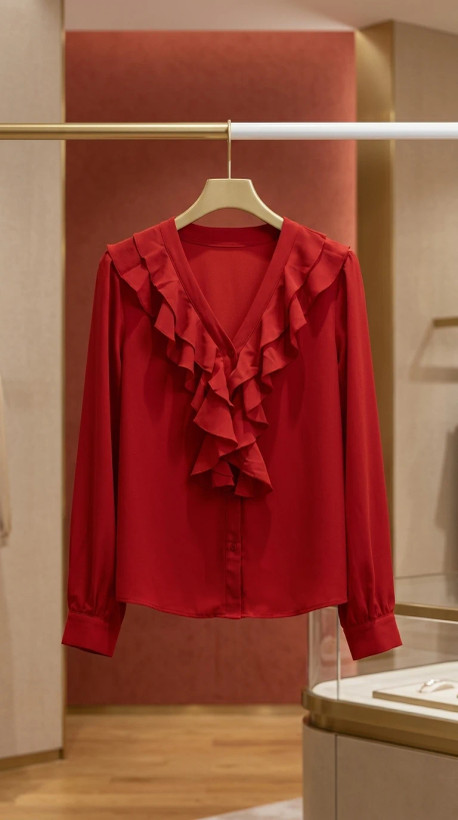 بلوز زنانه قرمز چیندار - Red Ruffle