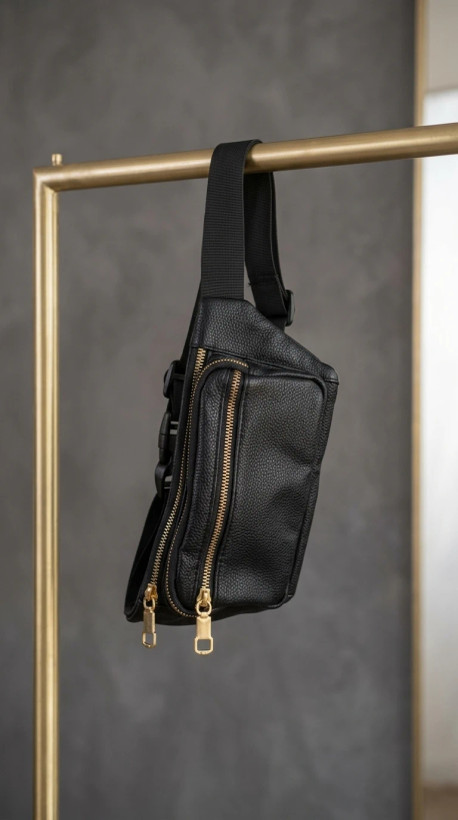 کیف کمری و کراسبادی چرمی مشکی زیپدار - Black Leather Sling & Waist Bag with Dual Zippers