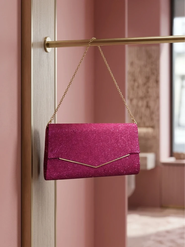 کیف مجلسی زنانه صورتی براق با زنجیر طلایی - Shiny Pink Evening Clutch with Golden Chain