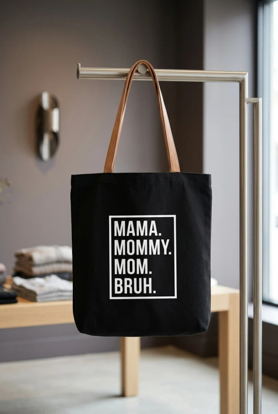 کیف پارچهای مشکی چاپ نوشته با دسته چرمی - Black Canvas Tote Bag with Printed Quote & Leather Handles