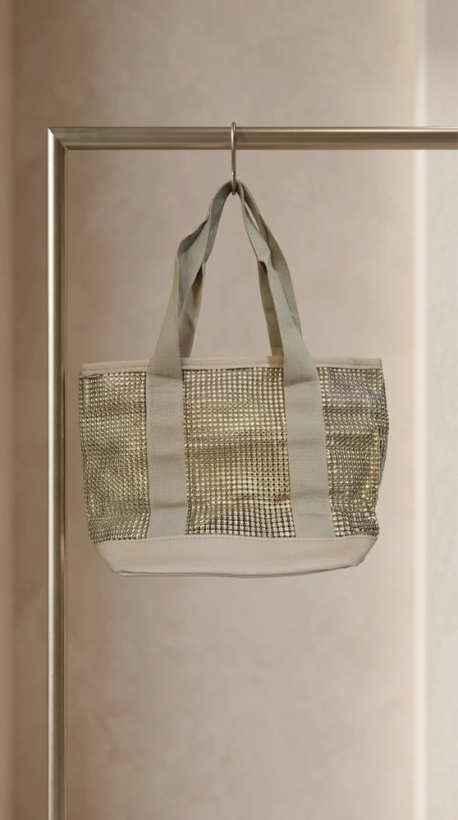 کیف دستی زنانه شاین طلایی با بند کنفی بژ - Golden Shiny Tote Bag with Beige Canvas Straps