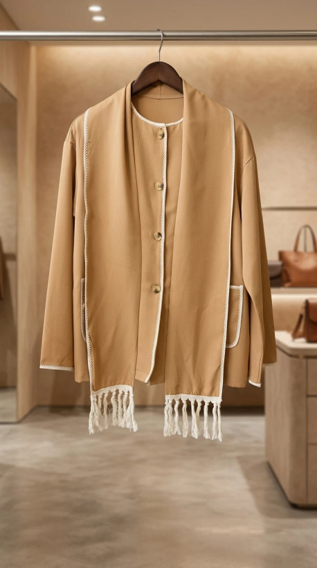 شومیز زنانه کرم با شال و منگوله – Cream Blouse with Fringe Scarf