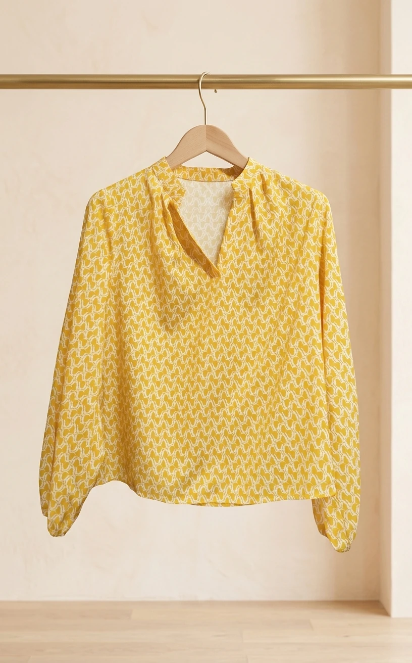 بلوز زنانه زرد طرح‌دار یقه‌هفت – Yellow Patterned V‑Neck Blouse