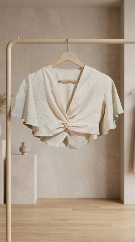 بلوز کراپ زنانه کرم گرهای – Cream Twist Front Crop Blouse