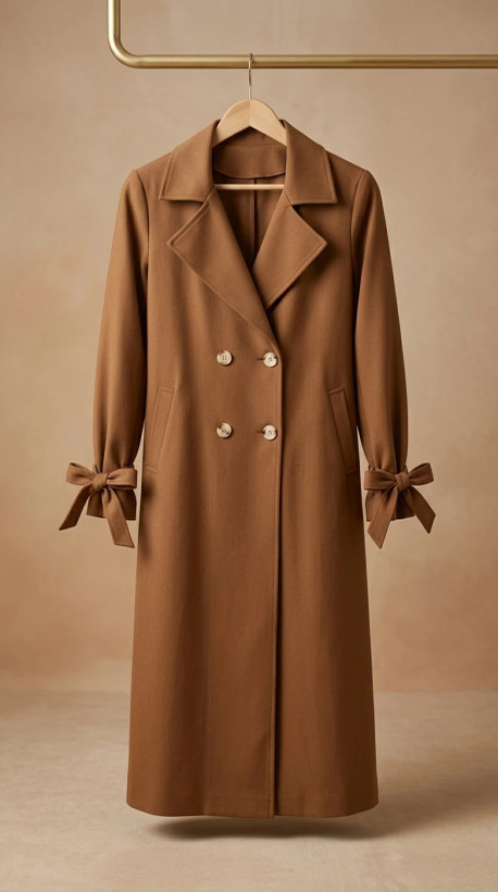 پالتو زنانه کرم/قهوهای یقه انگلیسی دکمهدار – Camel Buttoned Double-Breasted Trench Coat