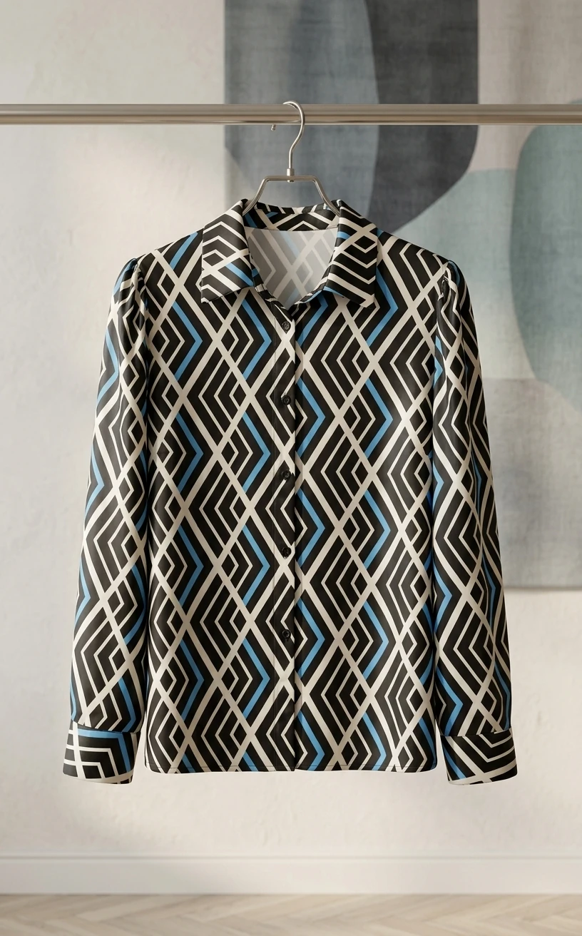 شومیز زنانه هندسی مشکی‑آبی – Geometric Black & Blue Women’s Shirt