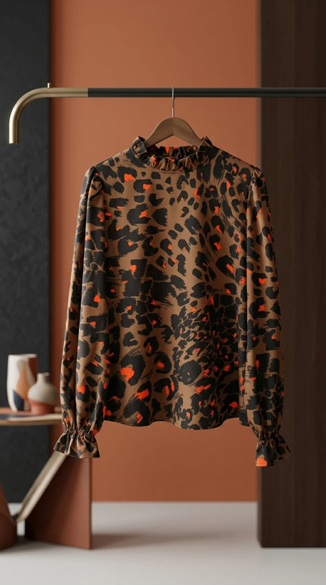 بلوز زنانه طرح پلنگی قهوهای‑نارنجی – Brown & Orange Leopard Women’s Blouse