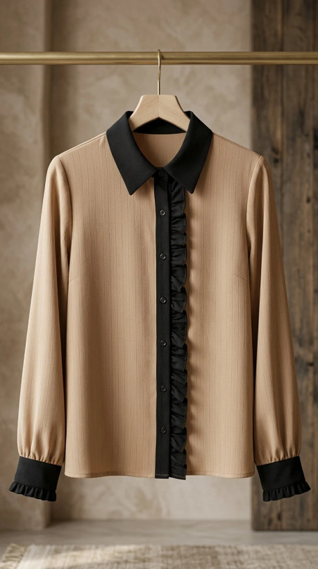 بلوز زنانه کرم یقه مشکی پلیسهدار – Beige Black Ruffle Collar Women’s Blouse