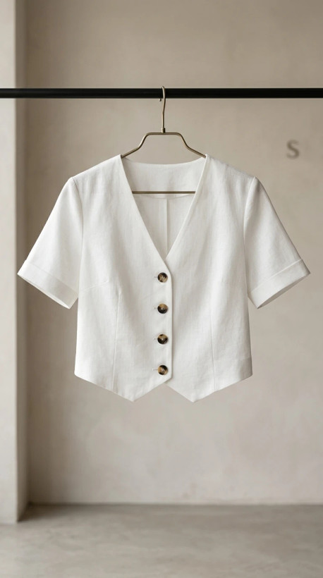 شومیز و شلوارک زنانه سفید یقههفت دکمهقهوهای – White V‑Neck Buttoned Women’s Blouse