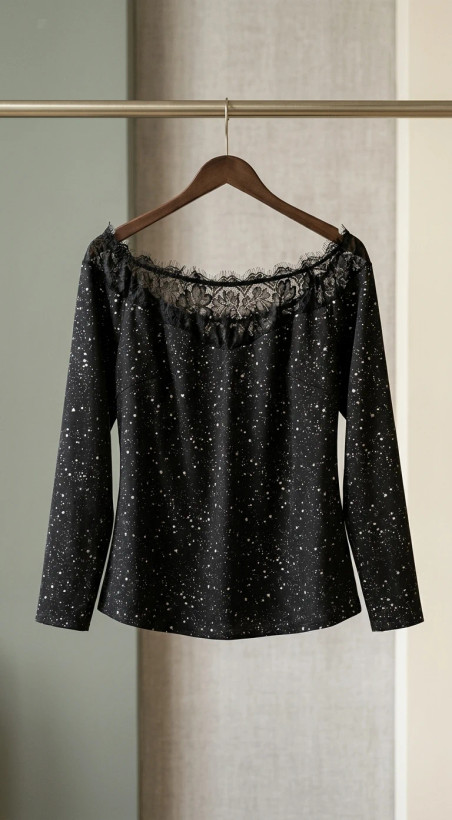 شومیز زنانه مشکی یقه گیپوری طرح کهکشانی – Galaxy Black Lace Women’s Blouse