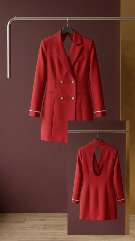 کت تک زنانه قرمز دوبلدکمه پشتهلال – Red Cut‑Back Double‑Breasted Women’s Blazer Dress