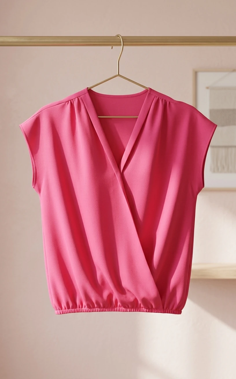 بلوز زنانه صورتی یقه هفت اورلپ کش‌دار – Pink Wrap V‑Neck Women’s Top