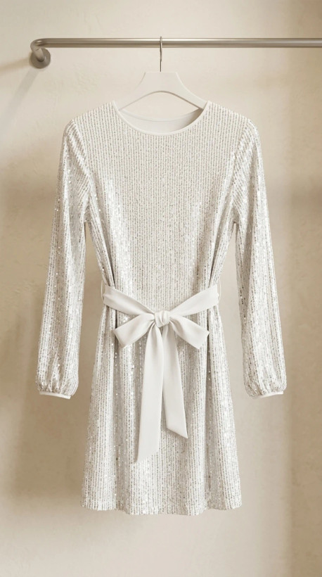 پیراهن زنانه سفید پولکی کمربنددار – White Sequin Belted Women’s Dress