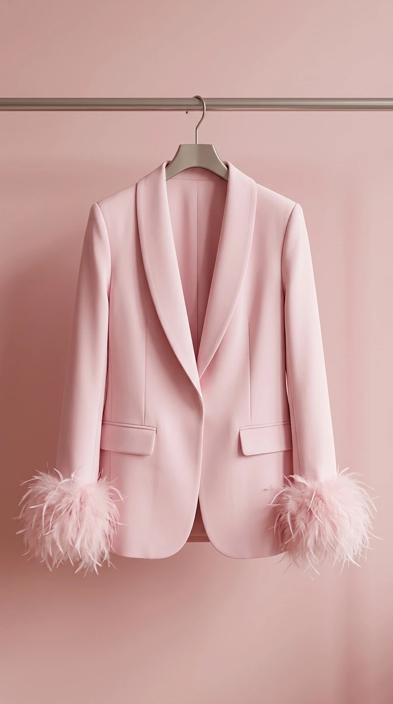 کت زنانه صورتی پَر‌دار سرآستین – Pink Feather-Cuff Women’s Blazer