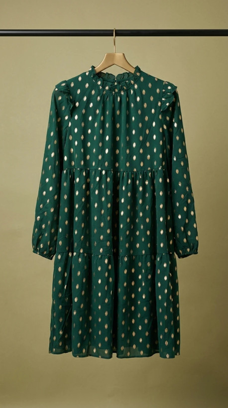 پیراهن زنانه سبز یاقوتی پولکدار مدل پفی – Emerald Gold Dot Tiered Dress