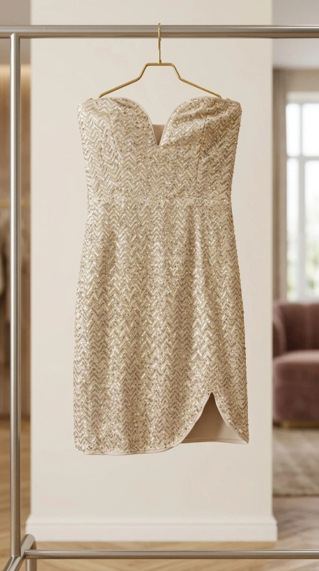 پیراهن طلایی پولکی مجلسی مدل دکلته (Gold strapless Sequin Bodycon Dress)