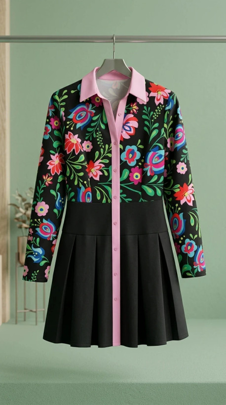 پیراهن/شومیز-دامن زنانه طرح گلدوزی فانتزی با دامن پلیسه (Floral Art Pleated Dress)