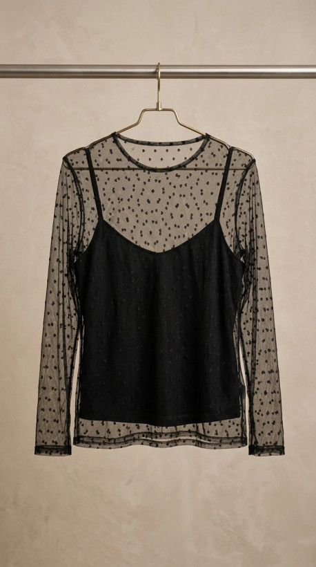 بلوز مشکی تور نقطهدوز با آستین بلند (Black Sheer Polka Mesh Top)
