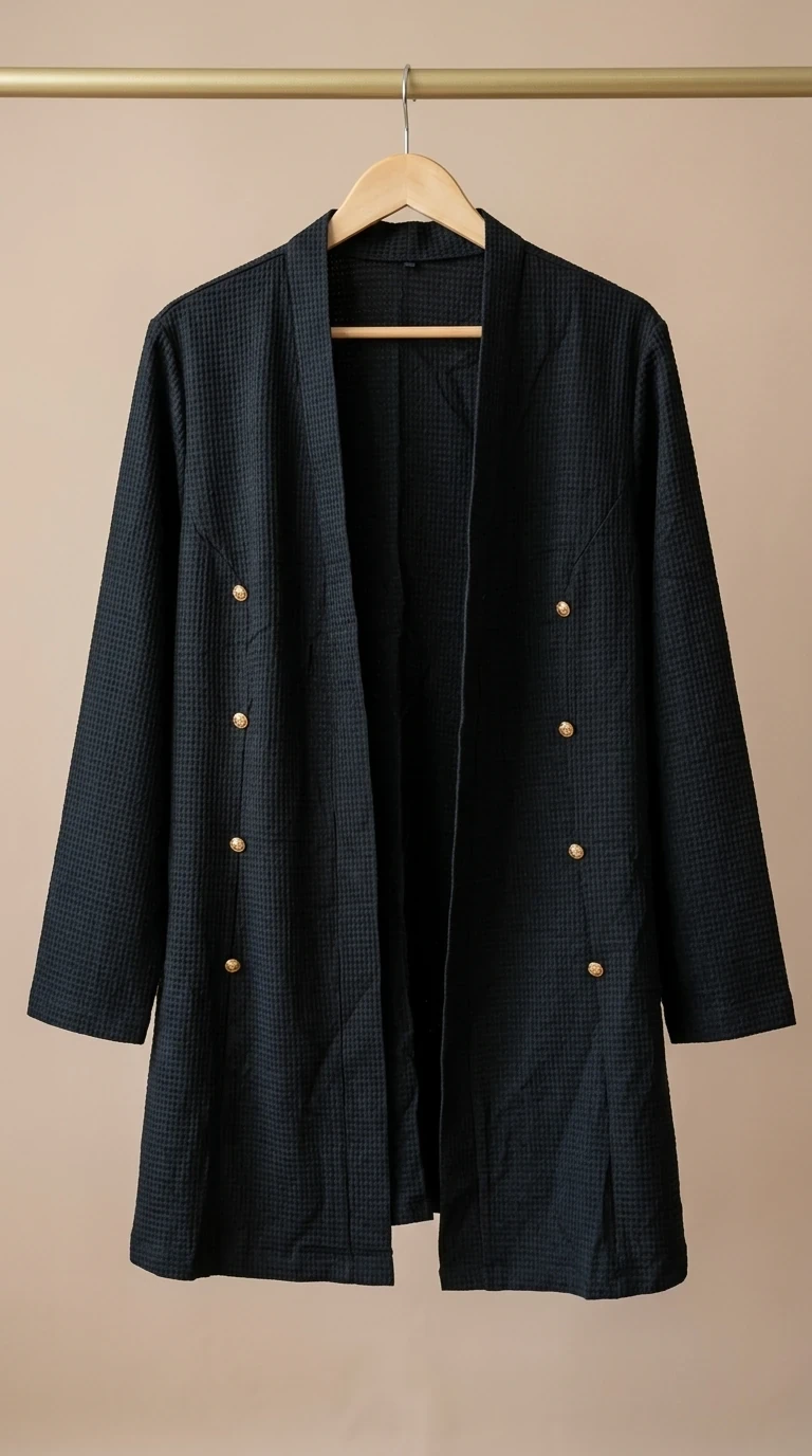 مانتوی مشکی بافت ریز و دکمه‌های طلایی تزئینی (Black Textured Open‑Front Coat)