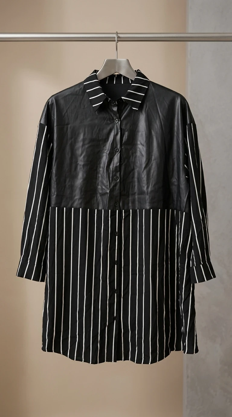 شومیز/مانتوی ترکیبی چرم مصنوعی و راه‌راه (Black Faux‑Leather & Stripe Patchwork Shirt Dress)