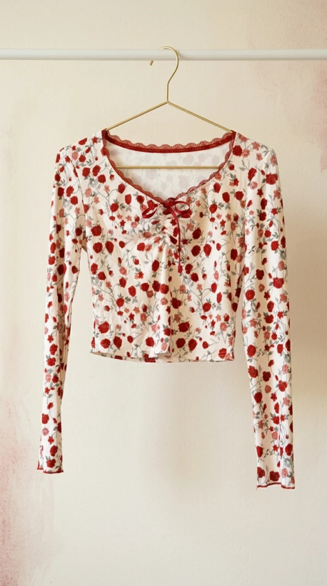 بلوز گلدار آستینبلند یقهگرد با بند جمعکن (Floral Lace‑Trim Long Sleeve Crop Top)