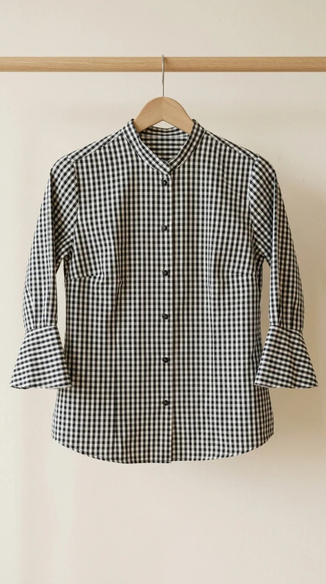 شومیز زنانه چهارخانه ریز با آستین فالنده (Gingham Flare‑Sleeve Women’s Blouse)
