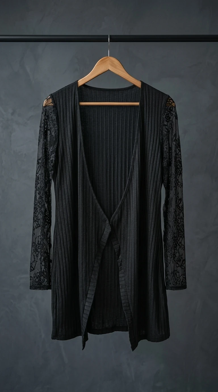 مانتوی مشکی جلوباز با آستین گیپور (Black Open‑Front Ribbed Cardigan with Lace Sleeves)