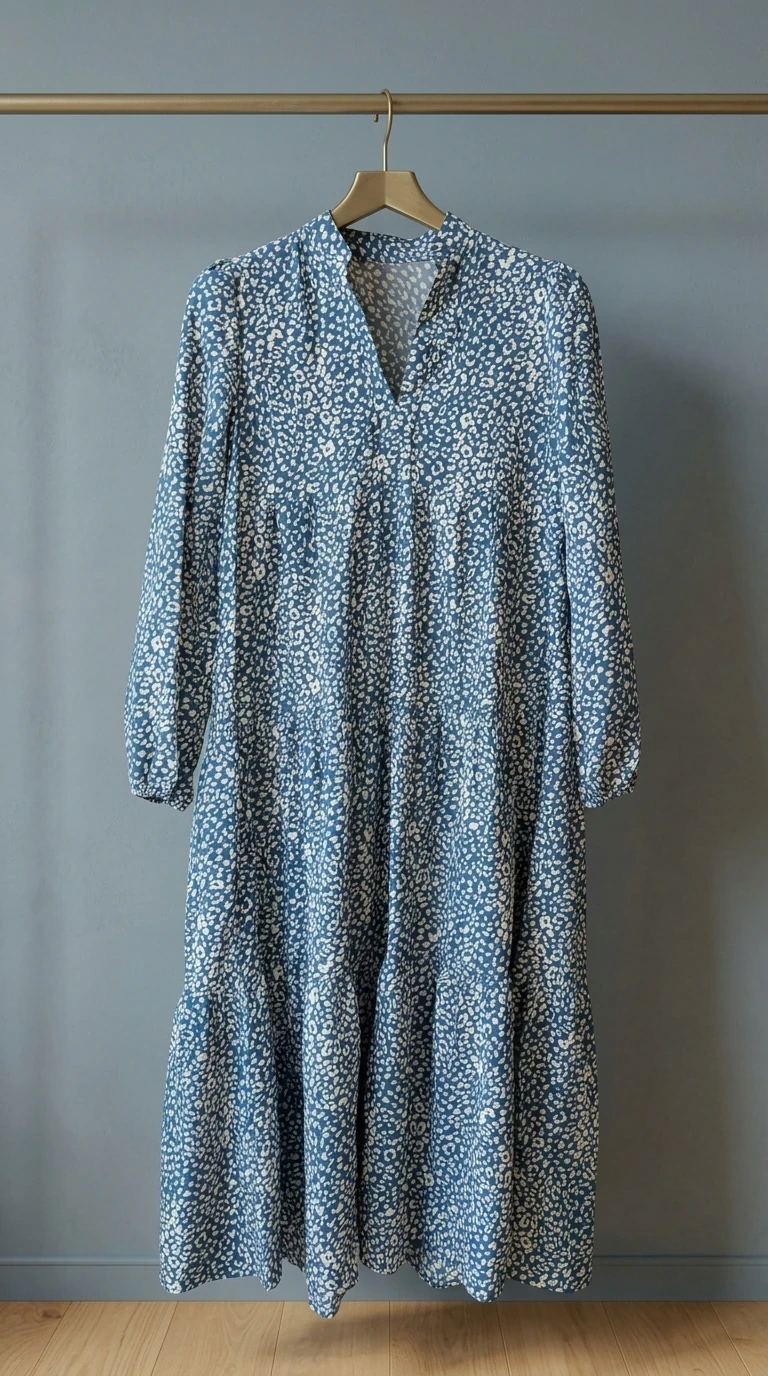 پیراهن زنانه آبی طرح گل‌ریز/لکه‌ای با یقه V کوتاه (Blue Printed Loose Midi Dress)