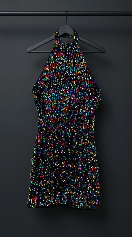 پیراهن کوتاه مجلسی سکاندوز چندرنگ یقه هالتر (Multicolor Sequin Halter Mini Dress)