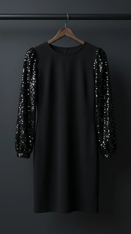 پیراهن مشکی مجلسی با آستینهای سکاندوز پفدار (Black Mini Dress with Sequin Puff Sleeves)