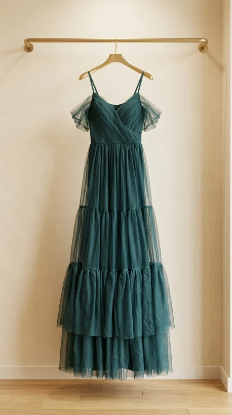 یراهن زنانه مجلسی توری سبز یشمی چندلایه (Teal Tulle Tiered Evening Dress)