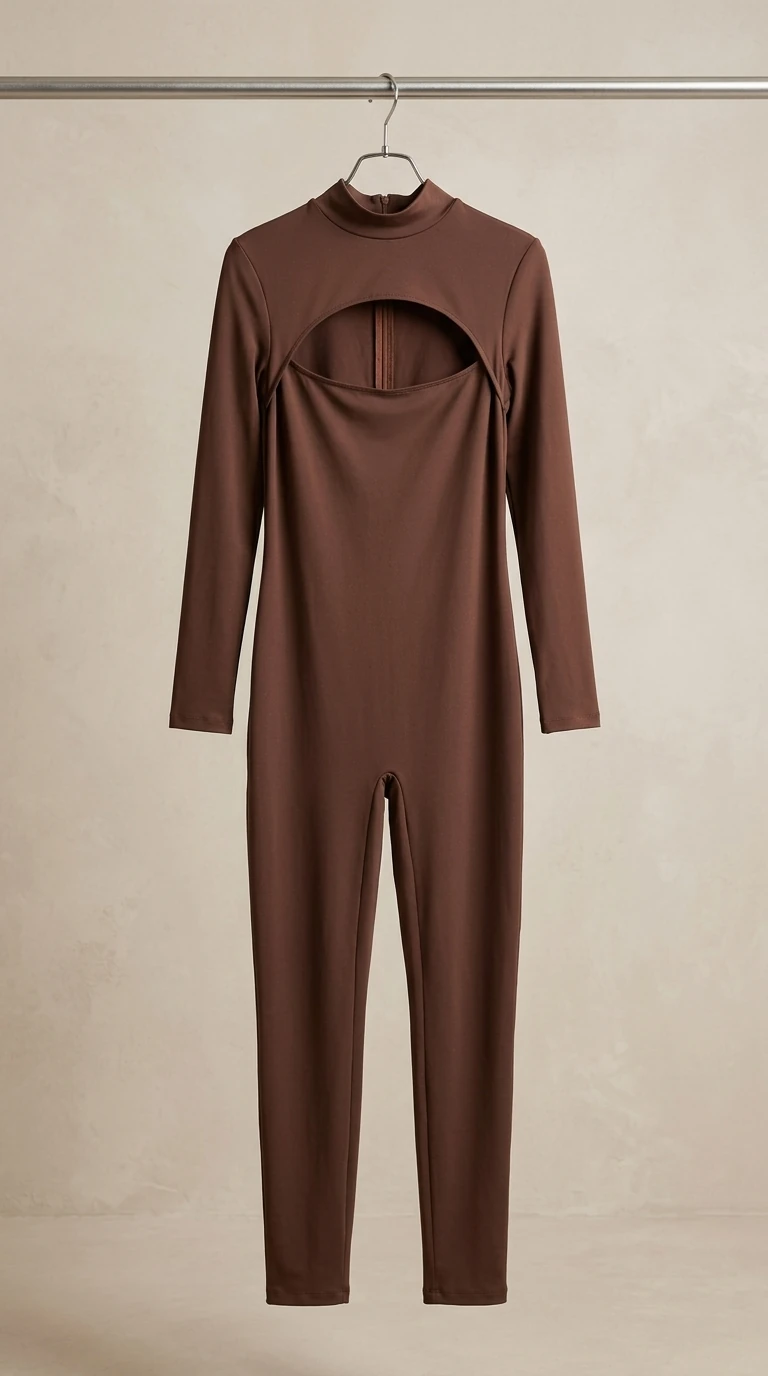 سرهمی زنانه جذب قهوه‌ای با برش نیم‌دایره‌ی جلوی سینه (Cut-Out Chest Brown Bodycon Jumpsuit)