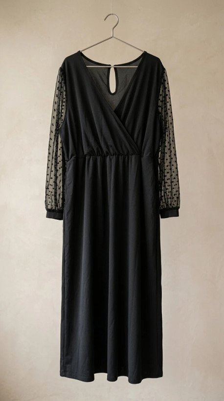 سرهمی(اورال) مشکی یقههفت با آستین حریر خالخال (Black V‑Neck Dress with Polka‑Dot Sheer Sleeves)