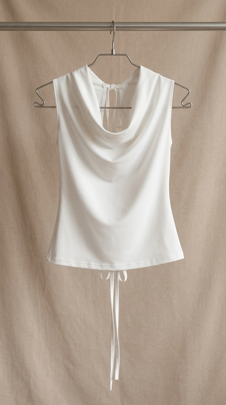 تاپ زنانه سفید یقه دراپه (Draped Neck Sleeveless Top)