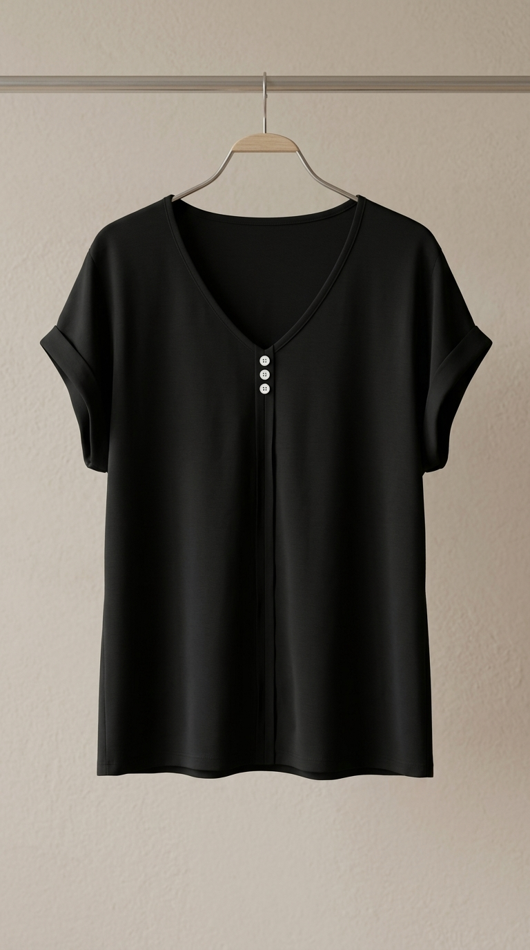 بلوز زنانه مشکی یقه دکمه‌دار (Minimal Button V‑Neck Top)