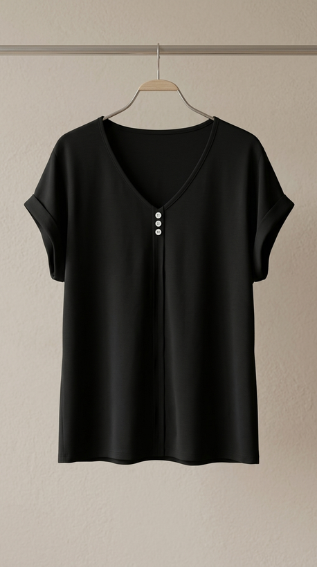 بلوز زنانه مشکی یقه دکمهدار (Minimal Button V‑Neck Top)
