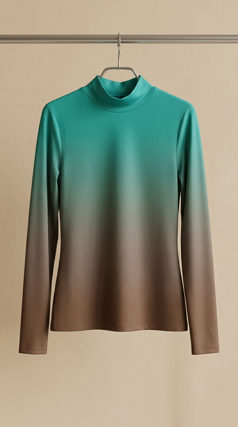 بلوز یقه اسکی گرادینت سبز–قهوه‌ای (Teal to Brown Gradient Mock‑Neck Long Sleeve Top)