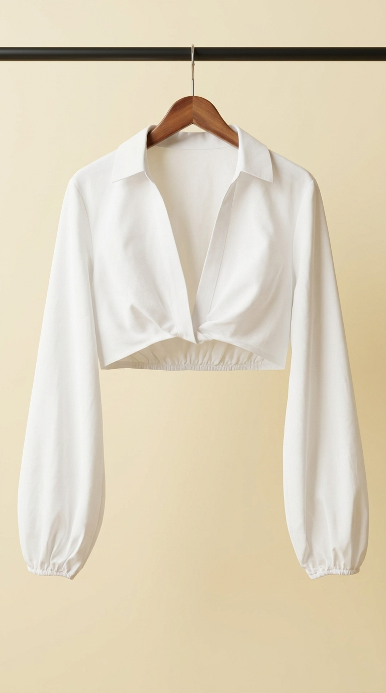 شومیز کراپ زنانه سفید یقه‌دار (White Cropped Twist Blouse)