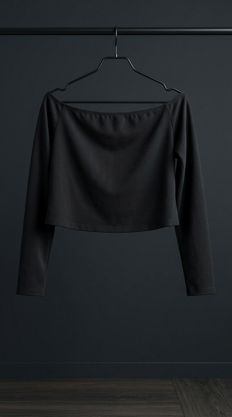 بلوز کراپ یقه قایقی مشکی (Black Off‑Shoulder Cropped Long‑Sleeve Top)
