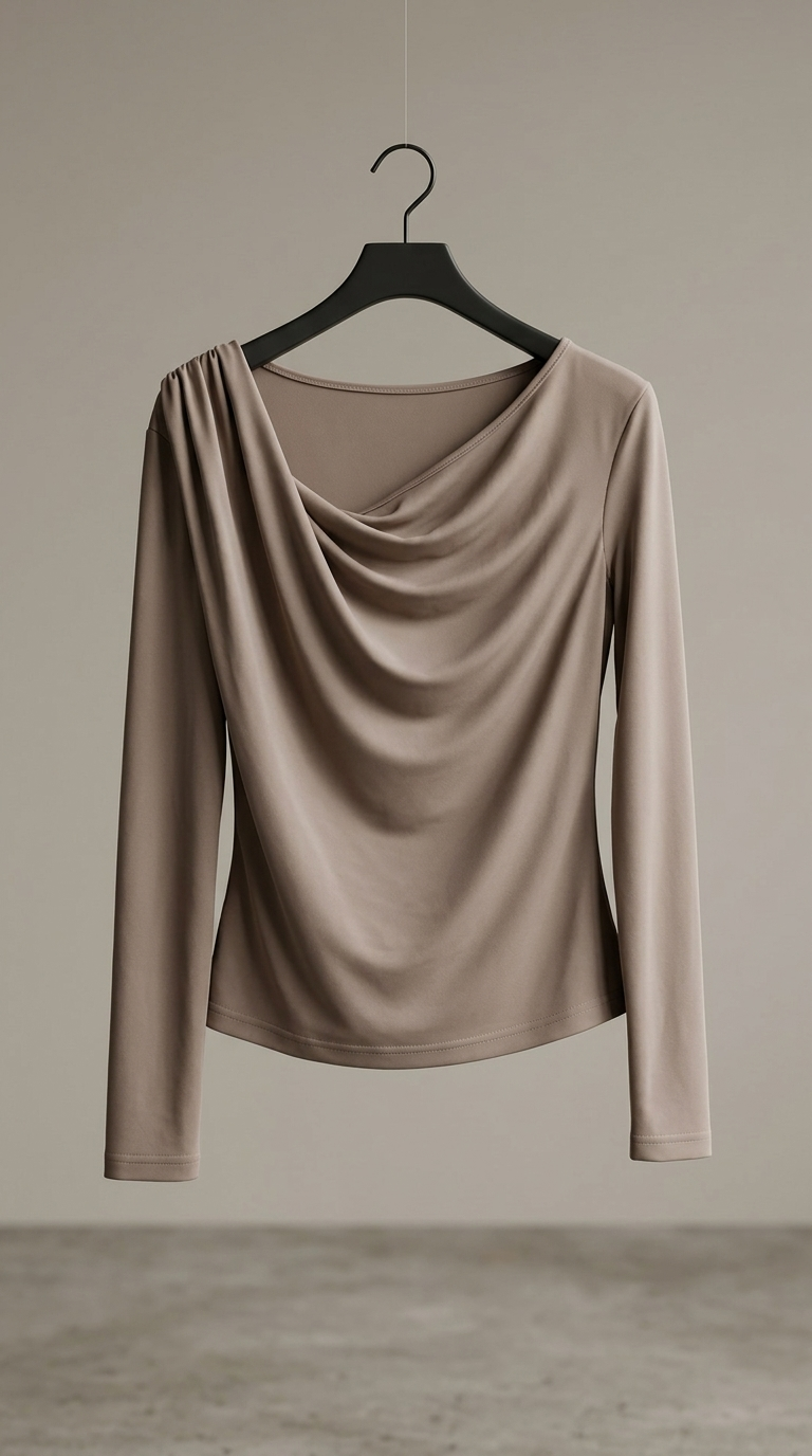 بلوز آستین‌بلند با یقه دراپه (Draped Cowl‑Neck Long Sleeve Top)