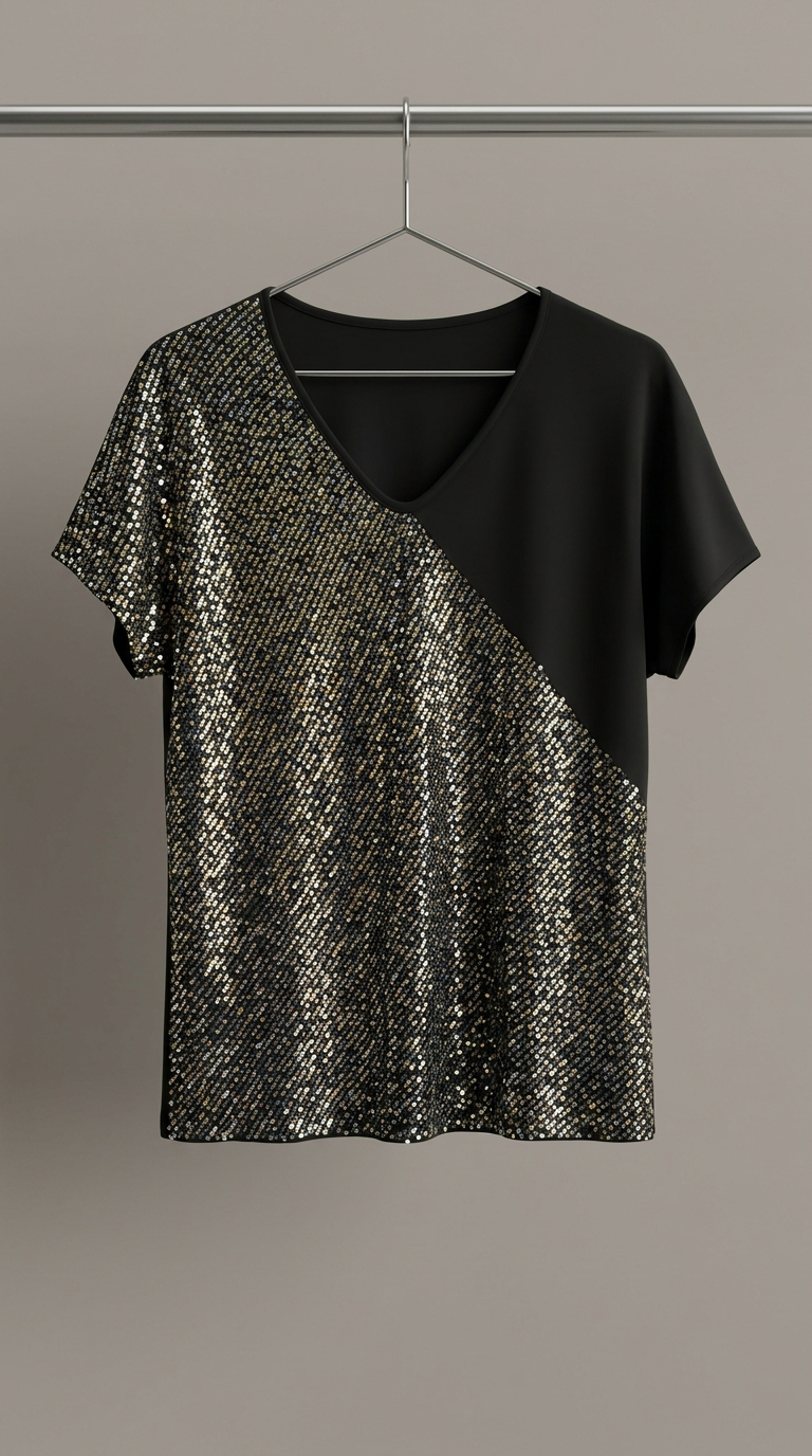 تیشرت زنانه نیمه‌پولکی مشکی (Black Sequin Panel Short‑Sleeve Top)