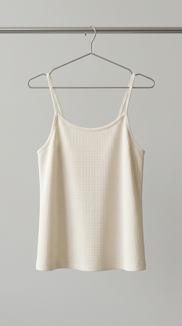 تاپ زنانه کرمی بندی با بافت ریز (Cream Textured Spaghetti‑Strap Tank Top)