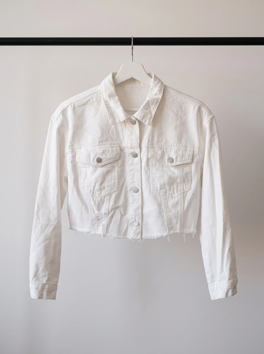 کت جین زنانه سفید کراپ لبه‌پرزدار – White Cropped Raw‑Hem Denim Jacket