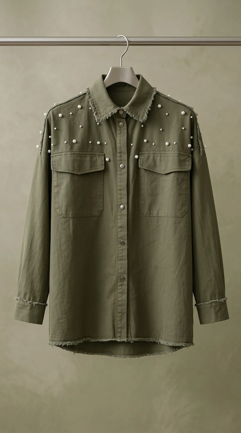 شومیز جین زنانه زیتونی مرواریددوزی – Pearl‑Embellished Olive Green Denim Shirt