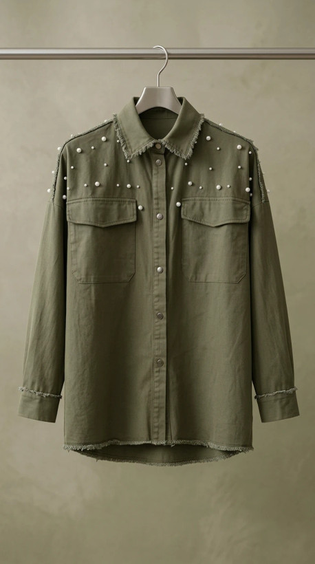 شومیز جین زنانه زیتونی مرواریددوزی – Pearl‑Embellished Olive Green Denim Shirt