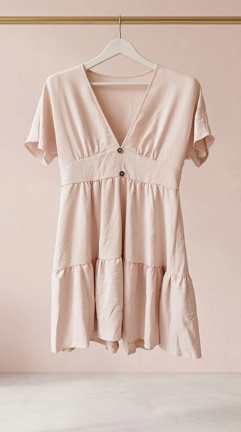 تونیک/پیراهن کوتاه زنانه یقه‌هفت کرم صورتی – Blush Pink V‑Neck Tiered Short Dress