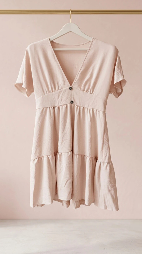 تونیک/پیراهن کوتاه زنانه یقههفت کرم صورتی – Blush Pink V‑Neck Tiered Short Dress