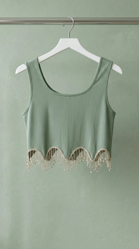 تاپ زنانه سبز یاسی لبه مرواریدی – Sage Green Pearl Trim Cropped Top